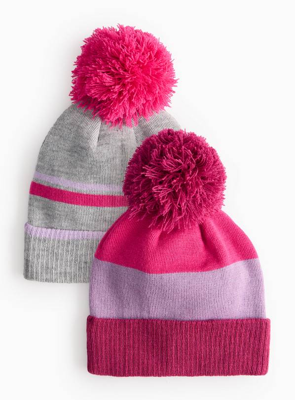 Grey & Pink Stripe Knitted Pom Pom Hats 2 Pack 1-2 years